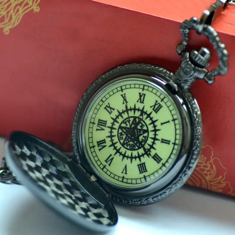 Quartz Black double-sided Glow in Dark Vintage Clock Men Women Necklace Chain Pendant Fob Pocket Watch