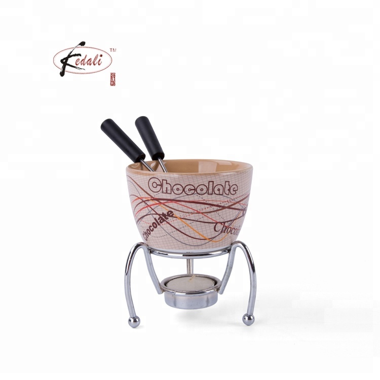 Hot sale kitchen ceramic chocolate fondue set with 2 pcs fork