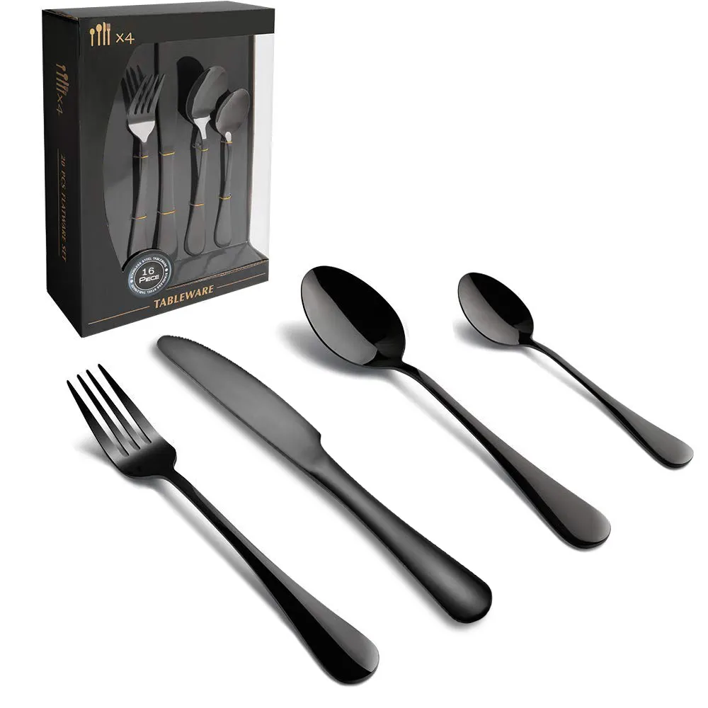 Amazon Hot Sell Black Stainless Steel 16pcs Cutlery Set Service For 4
