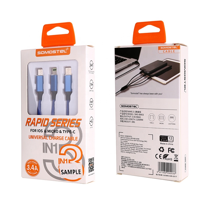 SOMOSTEL SMS-BW03 хлопок плетеный 3 в 1 синхронизация данных и быстрая зарядка usb кабель