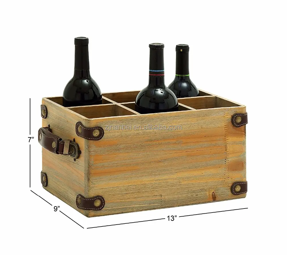 Custom logo wooden wine carrier 6 bottle crate with leather handle