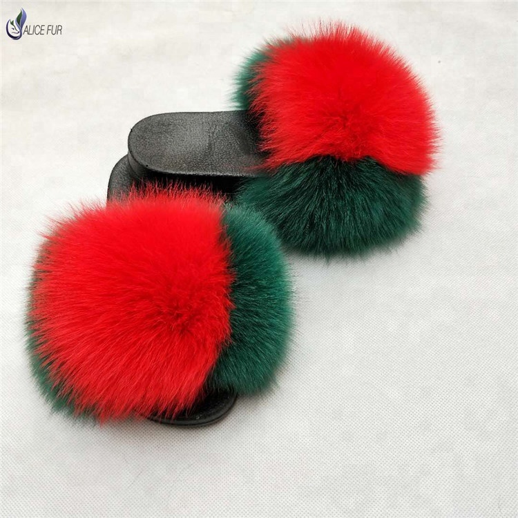 Wholesale custom women house fancy flat heel casual fox fur slippers real fox fur slides