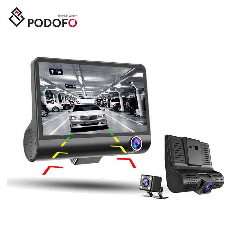 Podofo 4.0 Inch 3 Lens Car Black Box Dash Cam HD 1080P 170 Degree Wide Angle Car Camera DVR Video Recorder G-Sensor Dashcam