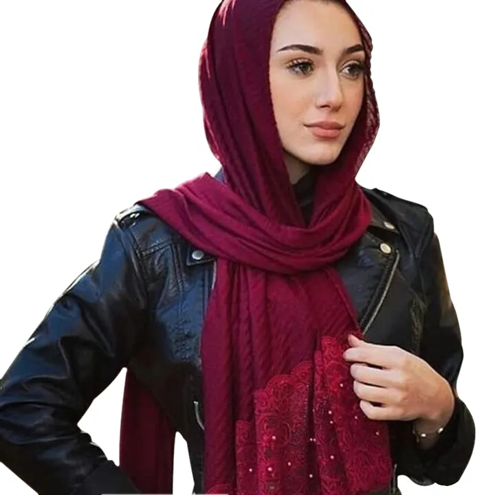 Wholesale high-quality cotton lace hijabs with pearl and lace pleated cotton shawls beaded wrap