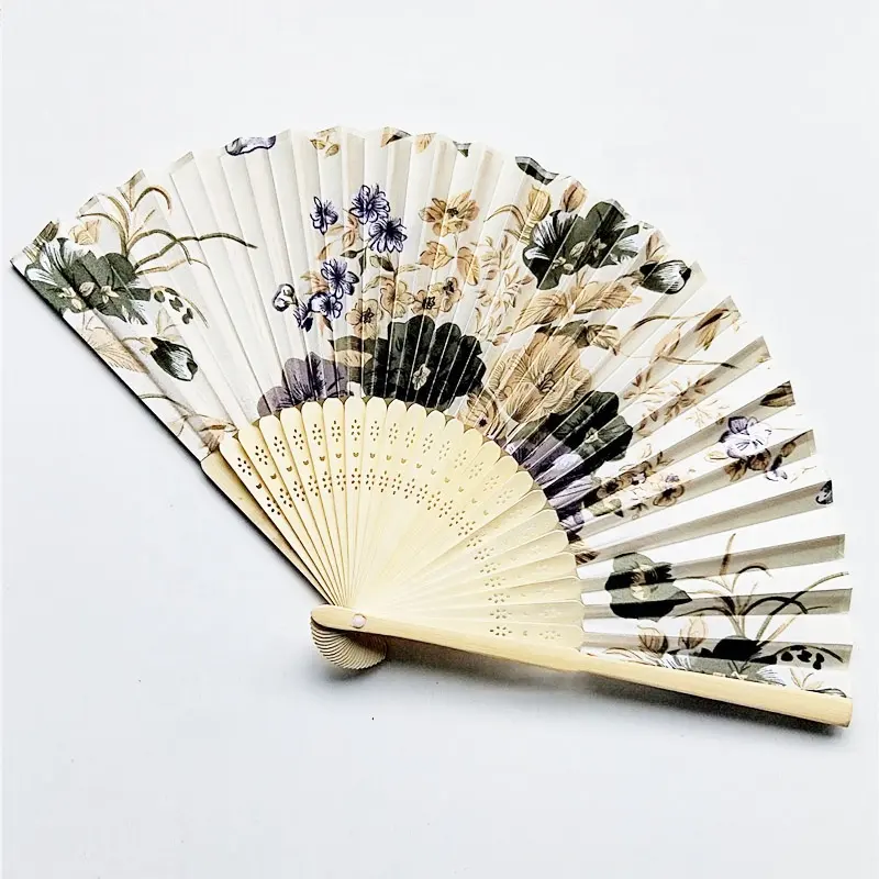 I AM YOUR FANS 21cm Japanese Satin Fabric Bamboo Gold Flower Fand Fan for Gift and Promotion