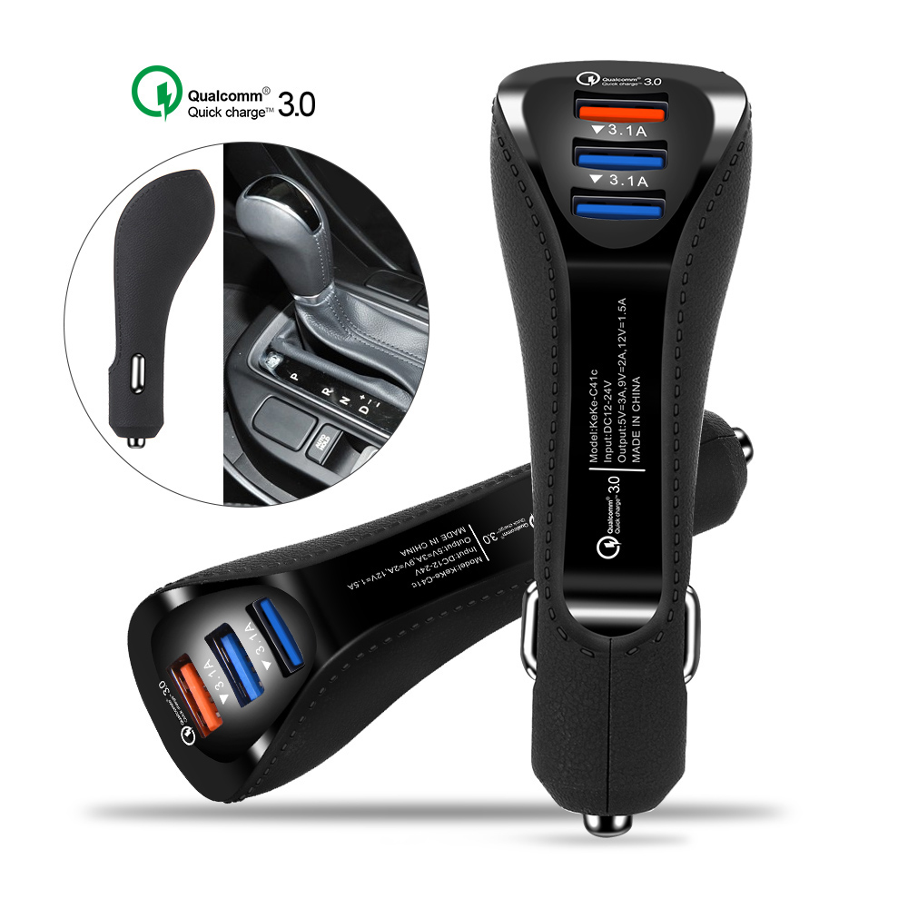 Быстрая зарядка из искусственной кожи с 3 USB-портами QC3.0 3.1A, автомобильное зарядное устройство для мобильного телефона