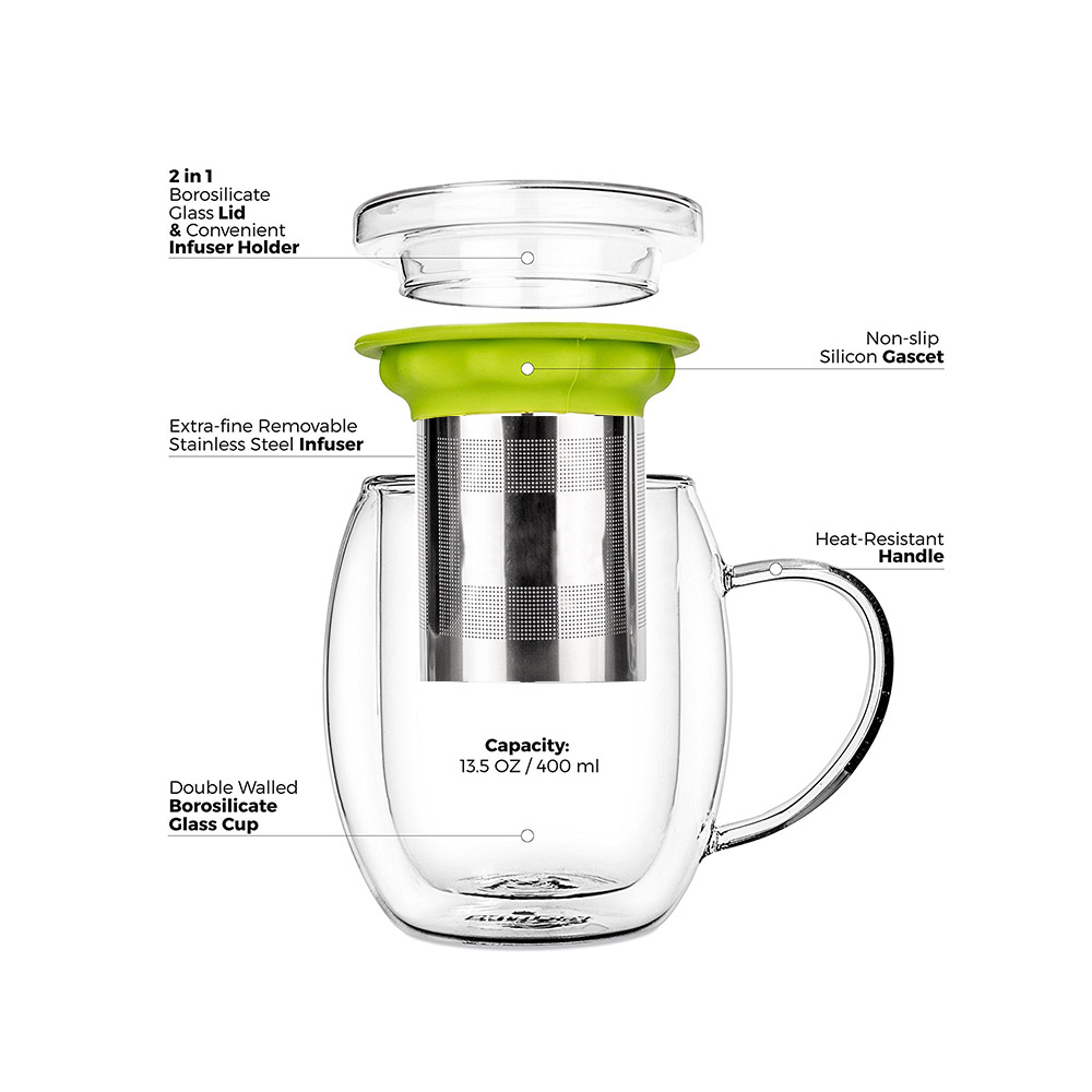 Double Wall Tumbler Glass Tea Cups with Stainless Steel Infuser