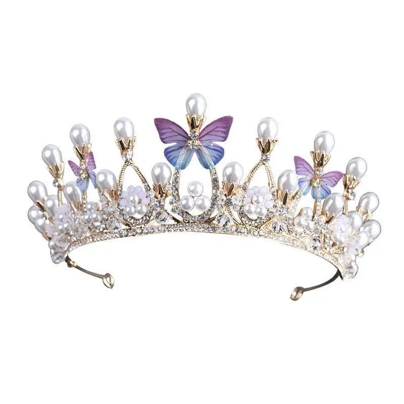 Wholesale Colored Butterfly Crystal Tiaras Vintage Gold Rhinestone Pageant Crowns Wedding Bride Baroque Pearl Butterfly Tiaras