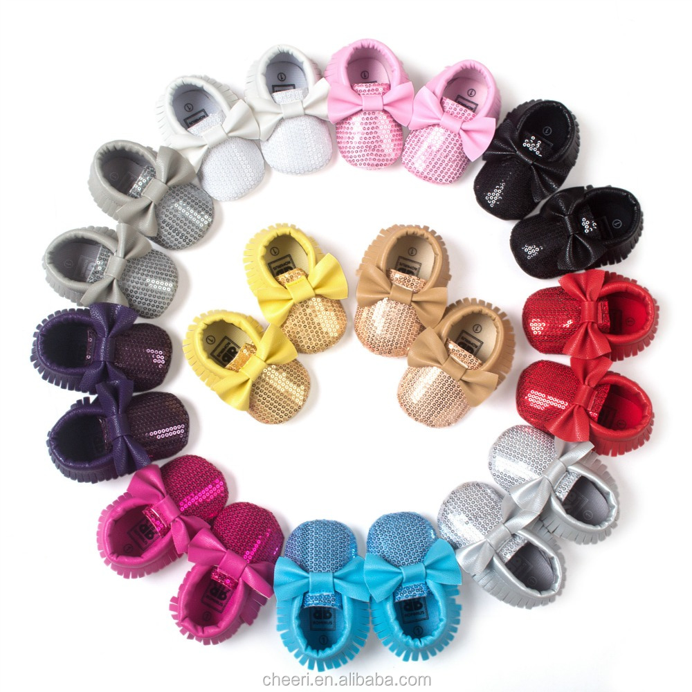 2017 Latest New Fashion Factory Wholesale Fringe PU Leather Cheap Soft Baby Moccasins Bow Shoes