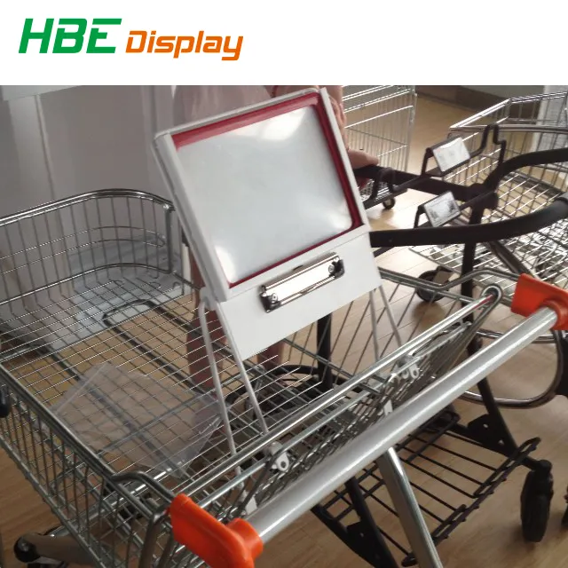 supermarket shopping trolley cart advertising board with shopping list clip