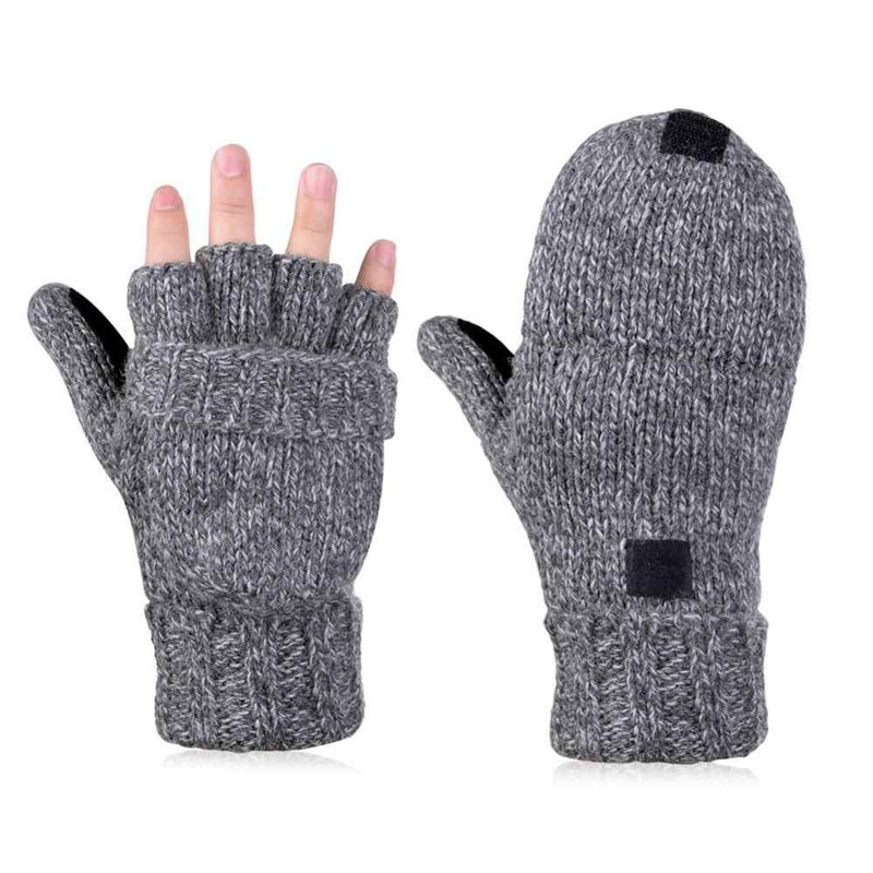 Deliwear Fingerless Ragg Wool Knitted Grip patched Convertible Mittens Chiller Gloves for Touch screen