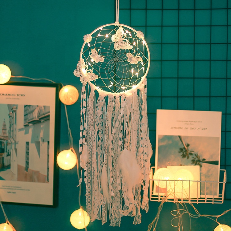 Baby room decorative indian style LED light butterfly feather kids dream catcher