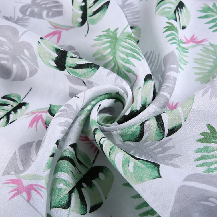 High quality 100% linen woven green pink sublimation leaf custom print on fabric for dress