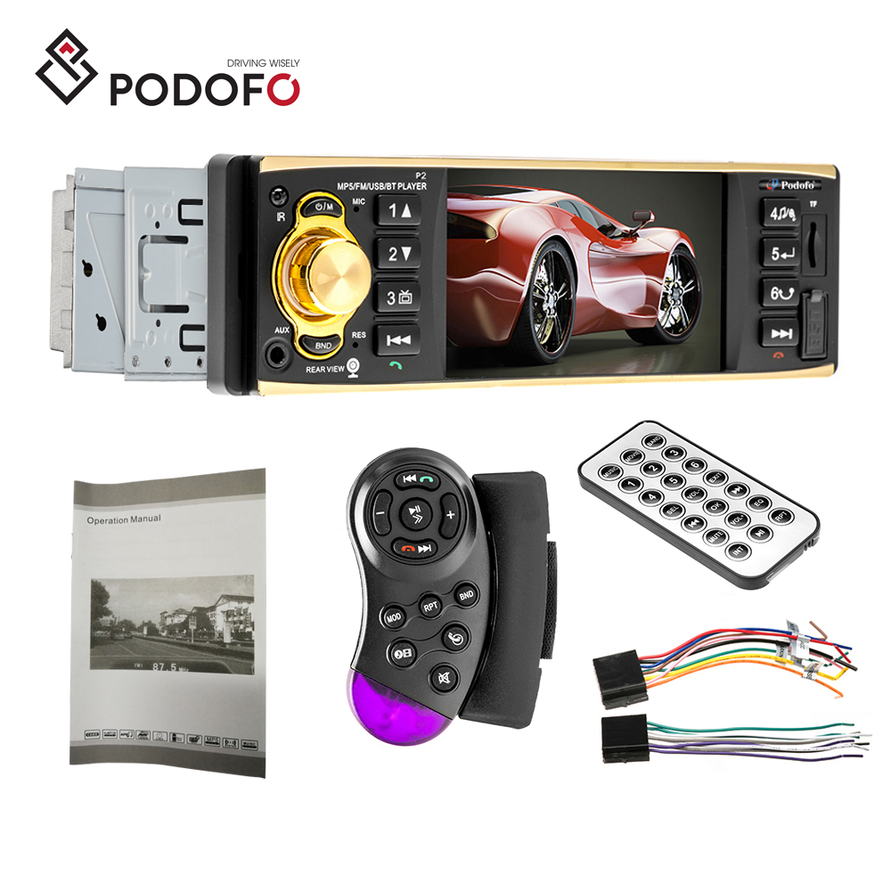 Podofo 4,1 ''цифровой экран стерео автомобильное радио 1 Din аудио USB AUX FM Bluetooth рулевое колесо управления 4019B