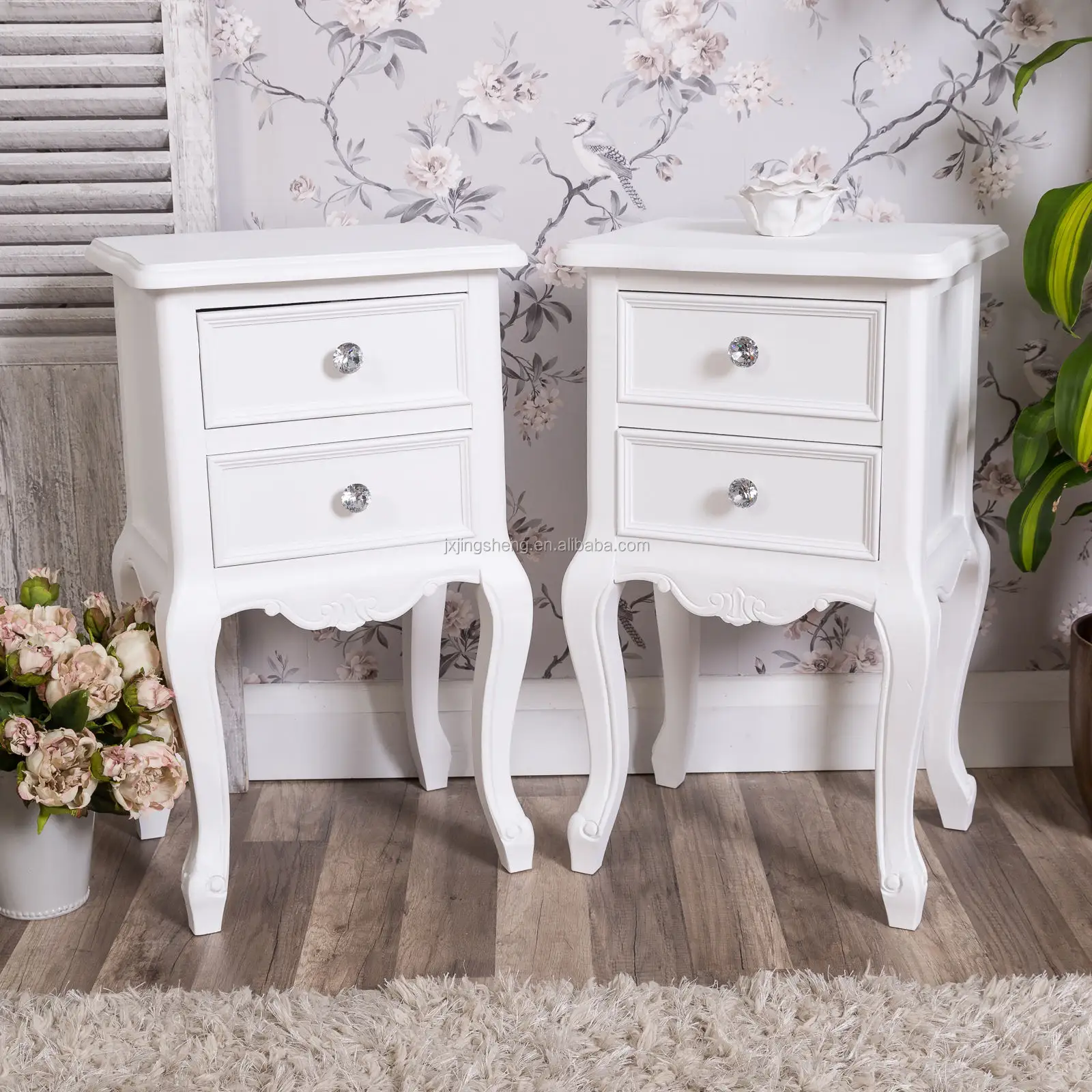 Pair of white bedside tables shabby vintage chic ornate modern nightstands