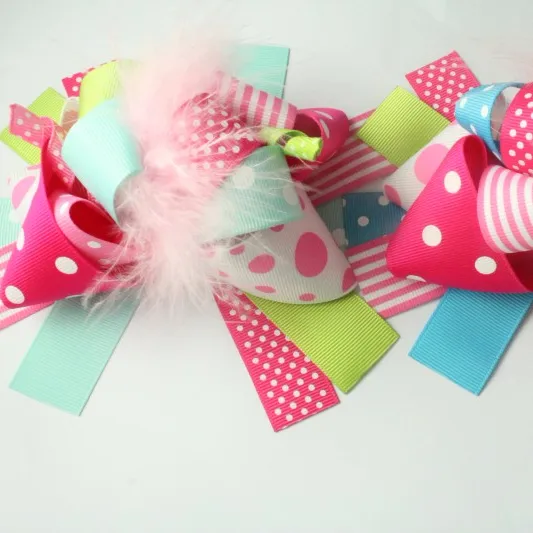 2015 New design polka dot hair bows with feather