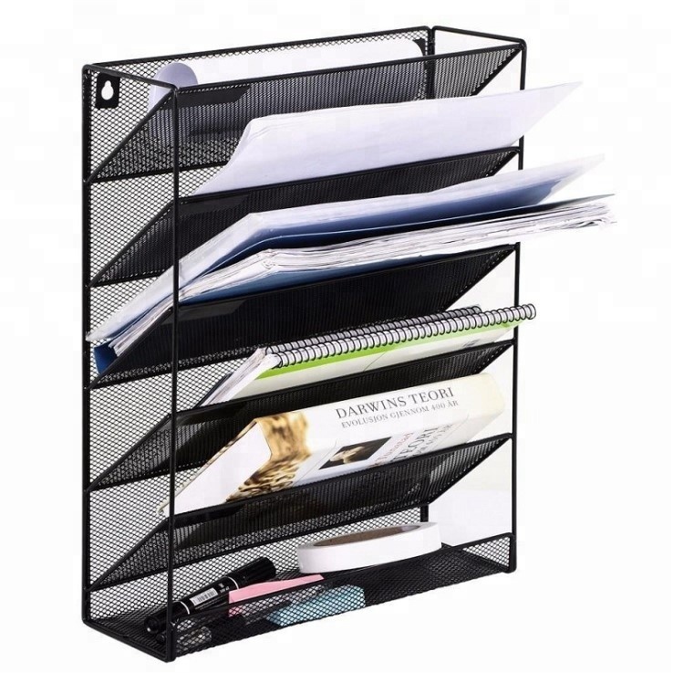 wire mesh office wall-mounted tray magazine organizer 6 tier wall mount document letter tray organizer