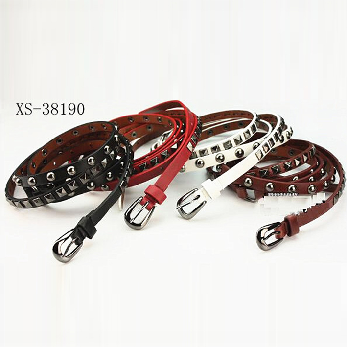 Ladies Womens Girls Faux Leather Skinny Thin Slim Studded Rivet Waist Belt