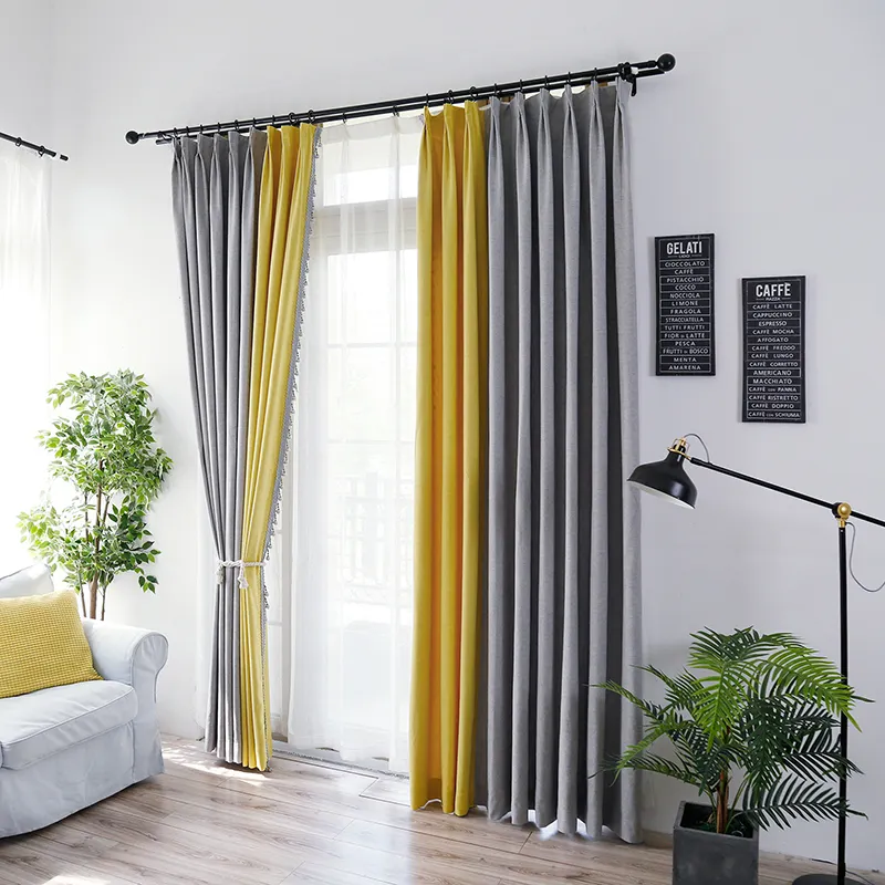 Wholesale Yellow and Grey Two Color Thick Plain Window Curtain Grommet Full Light Shading Solid Curtain