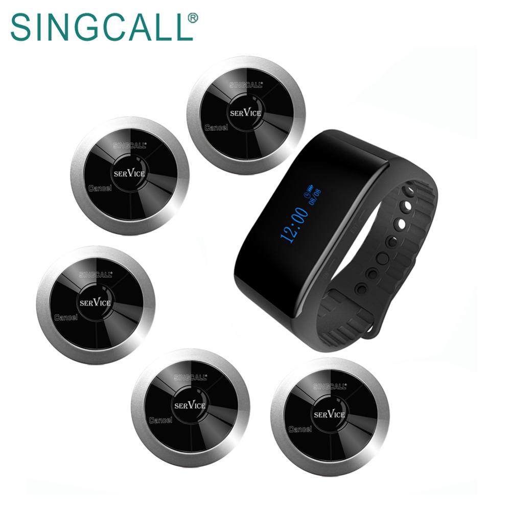 SINGCALL 1 waterproof mobile watch receiver and 5 pagers waitress call buzzer for calling service