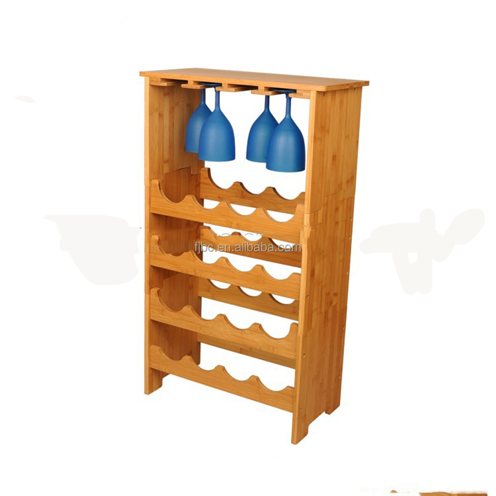 Bamboo Wine Display Rack With Hanging Wine Glass Rack