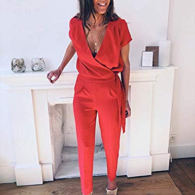 MAGICMK Women Sexy V-Neck Bandage Short Sleeve Jumpsuits Casual Rompers Playsuits with Pockets