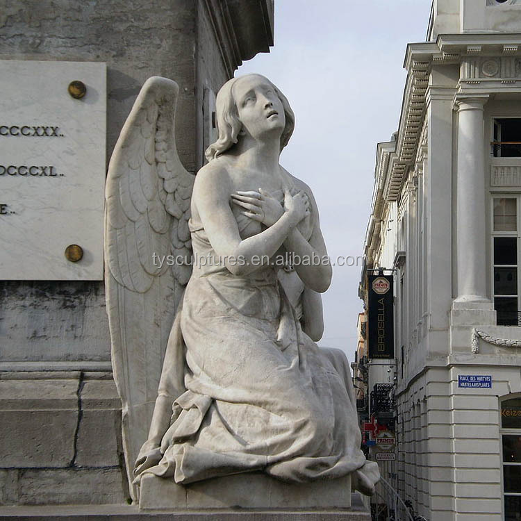 Antique marble guardian angel statues with wings praying for outdoor decoration