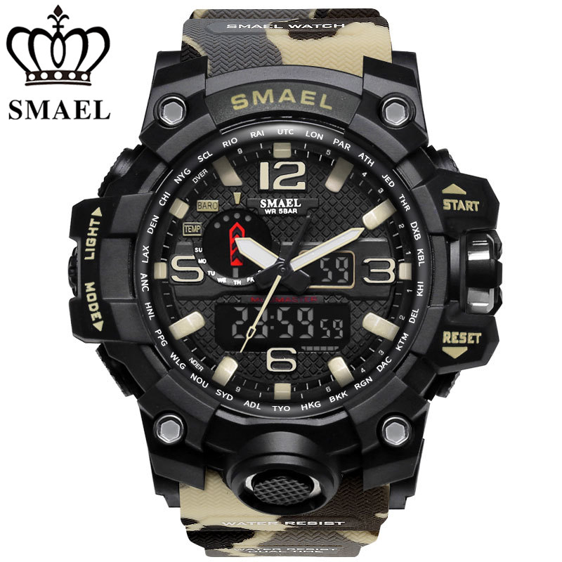 Камуфляжные мужские часы SMAEL 1545MC, новые стильные цифровые водонепроницаемые спортивные военные часы, мужские ударные Аналоговые часы с двойным дисплеем