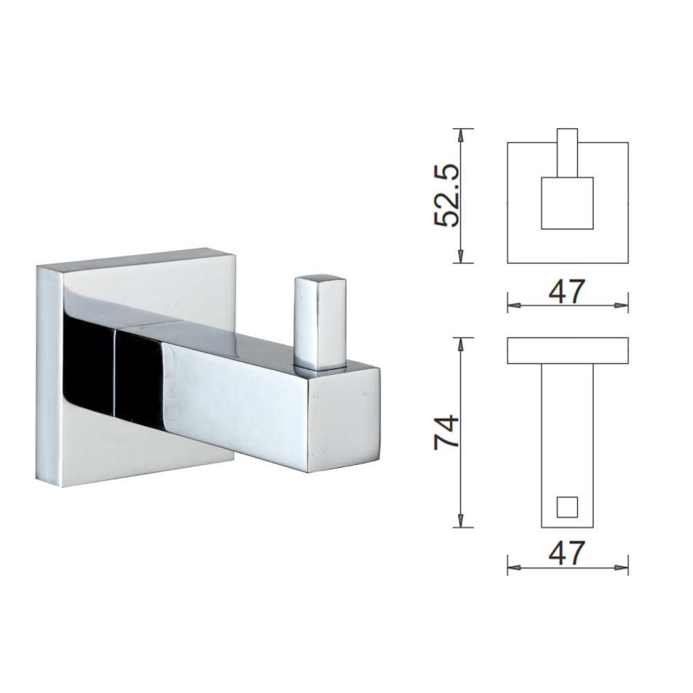 Metalique Bathroom Accessory Wall Mounted Zinc Alloy Chromed Square Robe Hook 51076