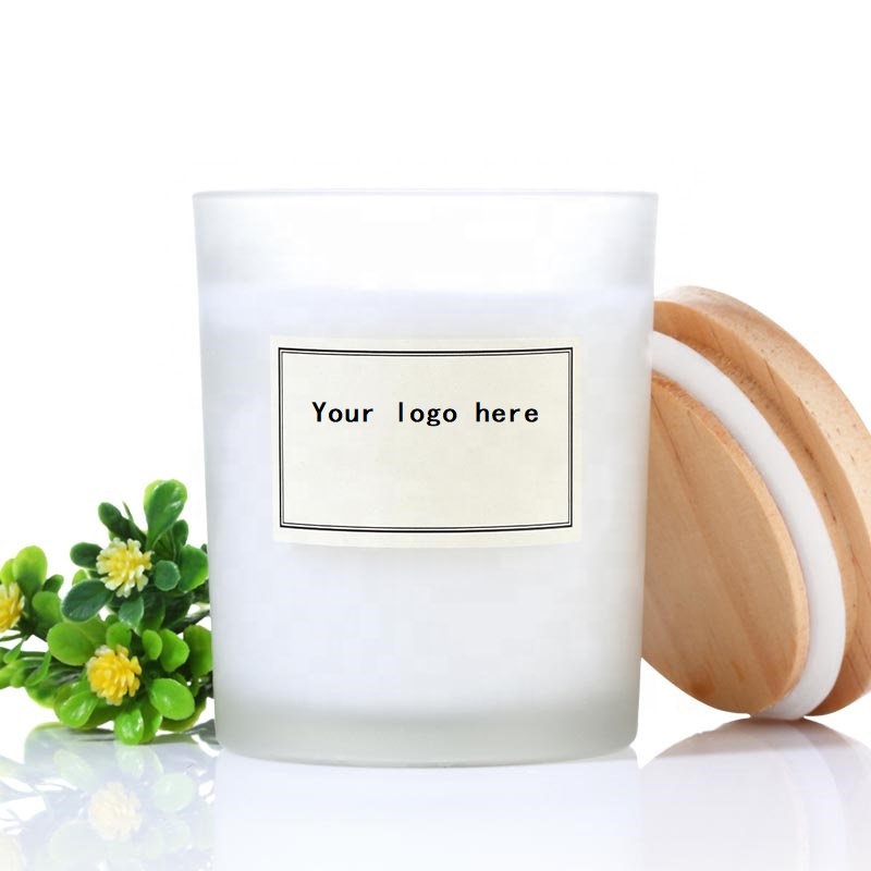 Wholesale frosted white glass candle jar with wooden lid