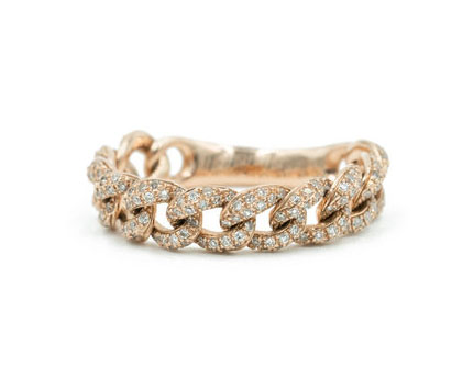14K Rose Gold Diamond Pave Chain Link Ring Cuban Link Band Ring