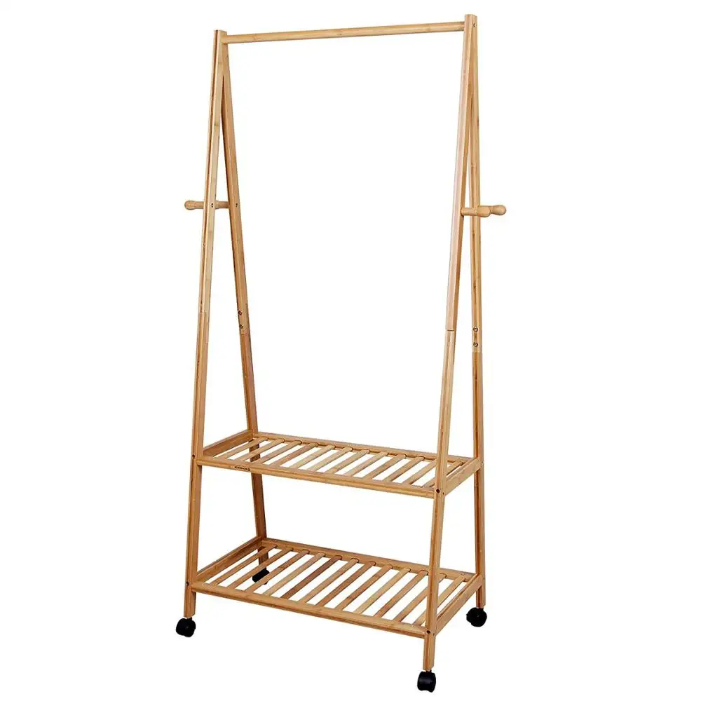 Bamboo Wood Garment Clothing Rack Coat Stand with Wheels 4 Side Hooks