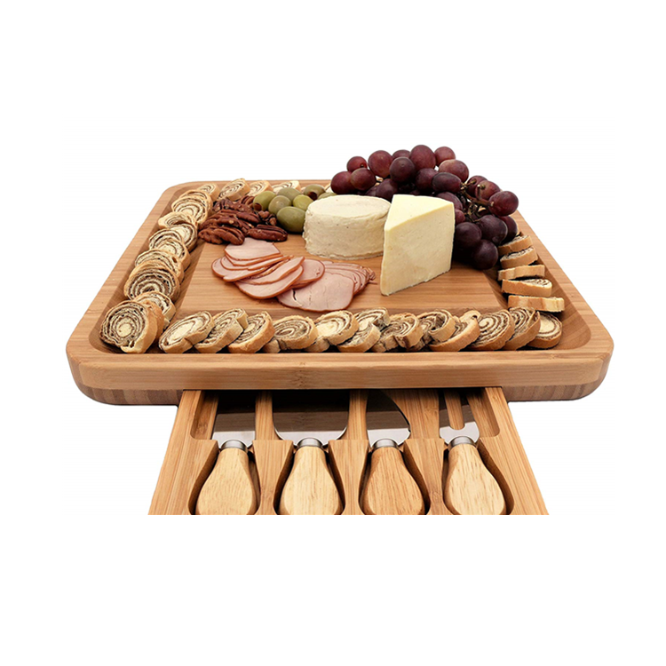 Оптовая продажа кухонной еды chartuterie сервировочный ящик лотки 100% натуральный бамбук сырная доска с ножом набор