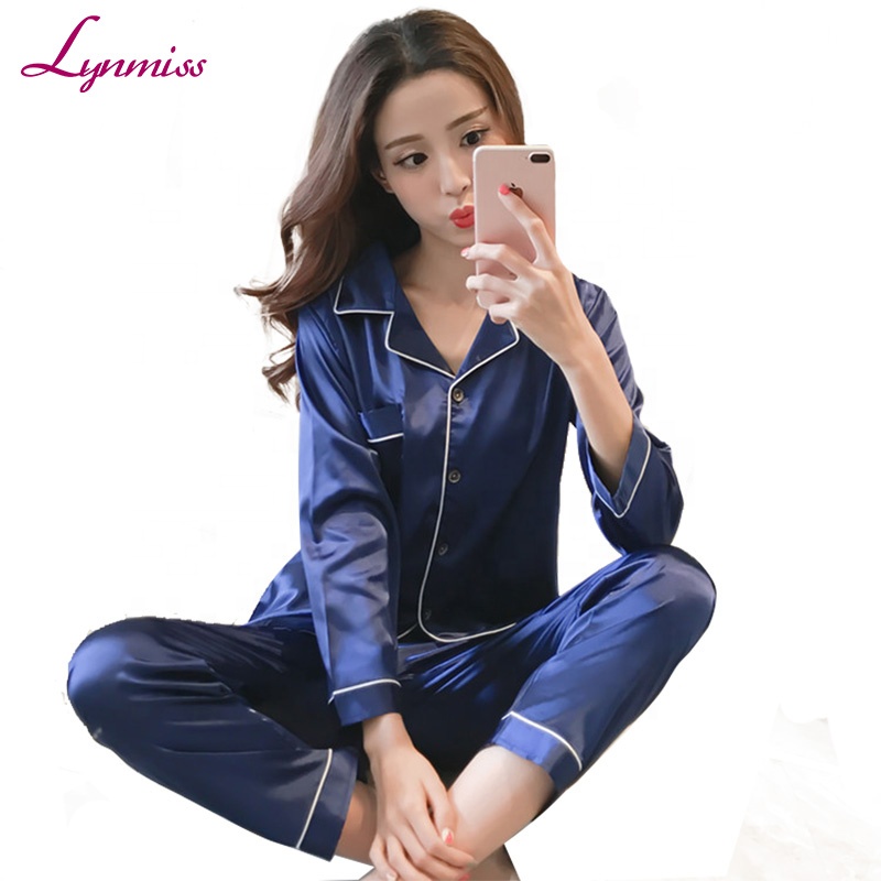 Оптовая продажа, милые женские пижамы Lynmiss больших размеров, пикантный комплект из 100% шелка, Пижама для женщин