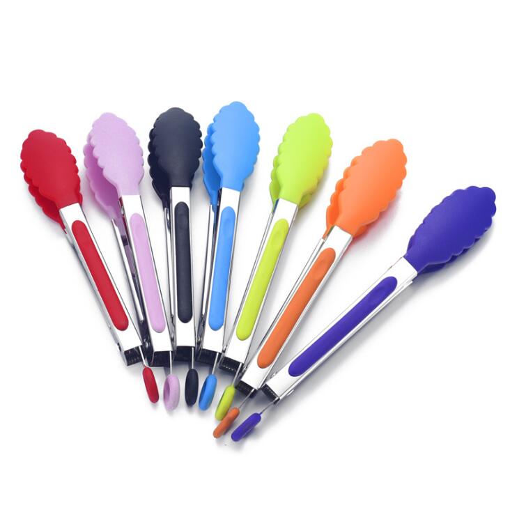 8inch Sweet Color Food Tongs Plastic Head Silicone Cover Handle Tongs Heat resistant Clips Unisex Bread Clamps Kitchen Cookware