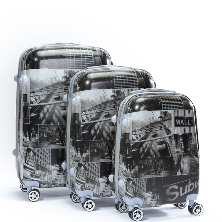Unisex aluminum frame fashion print suitcase 4 spinner 360 degree wheels anti theft custom 3pcs ABS PC trolley luggage set
