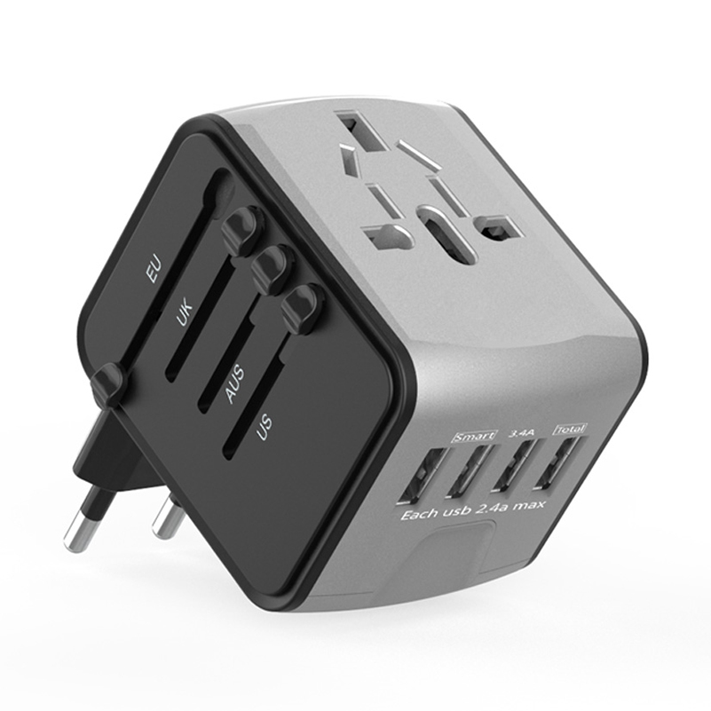 Адаптер для путешествий, адаптер, аксессуар для путешествий с 4 USB-портами, универсальное зарядное устройство (Великобритания, США, Австралия, Европа и Азия)