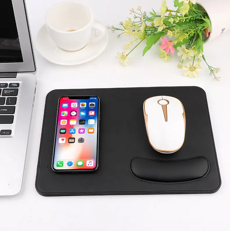 BUBM PU Leather Wrist Rest Mouse Pad with Wireless Charger