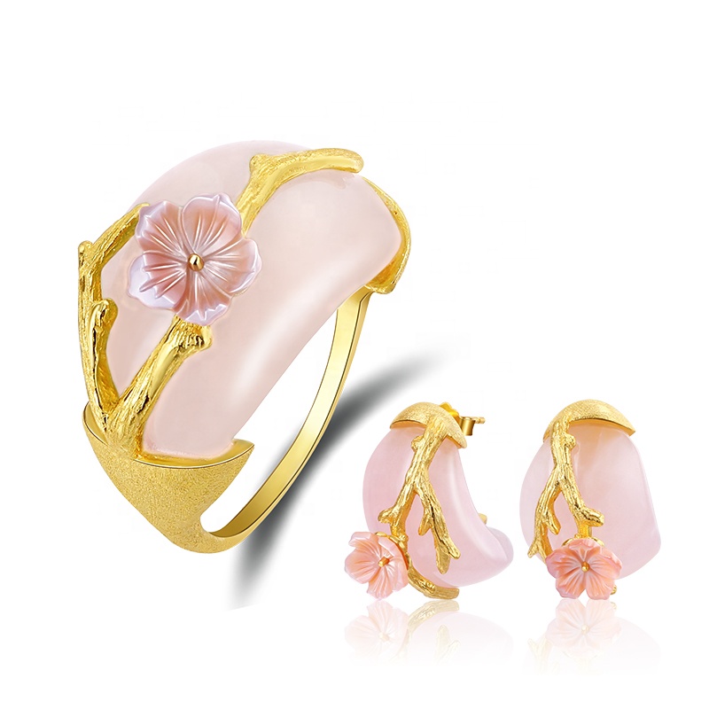 Серьги женские из серебра 925 пробы с натуральным розовым кварцем и цветком сливы