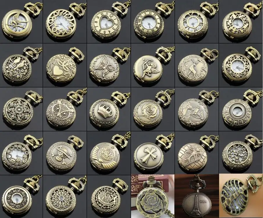 Mix 30 Designs Small size classic Bronze Dia 27MM Cheap vintage  antique Heart Hollow pocket watch