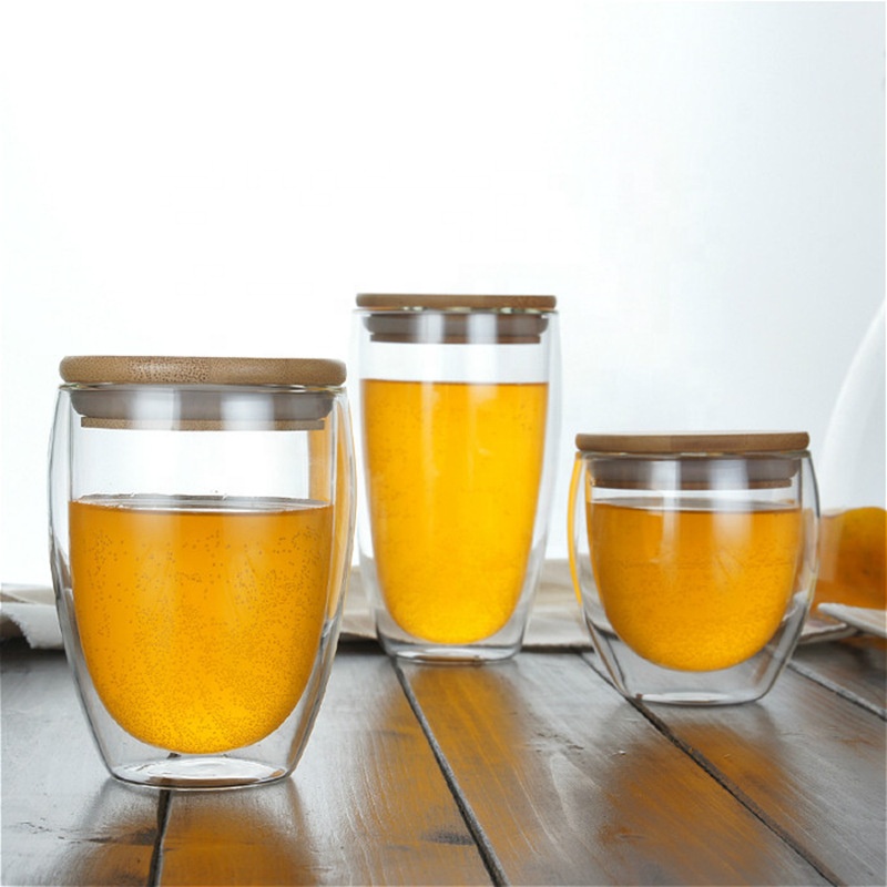 Double Walled Glass Coffee Mugs Thermal Insulated Clear Tea Cup Set Borosilicate Glass with lid