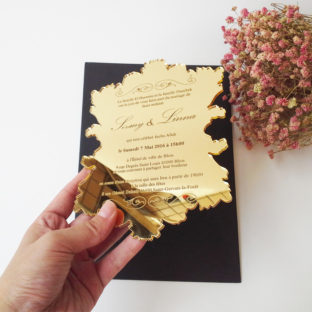 Customized Golden Mirror Acrylic 5*7inch Elegant Laser Cut Acrylic Wedding Invitation