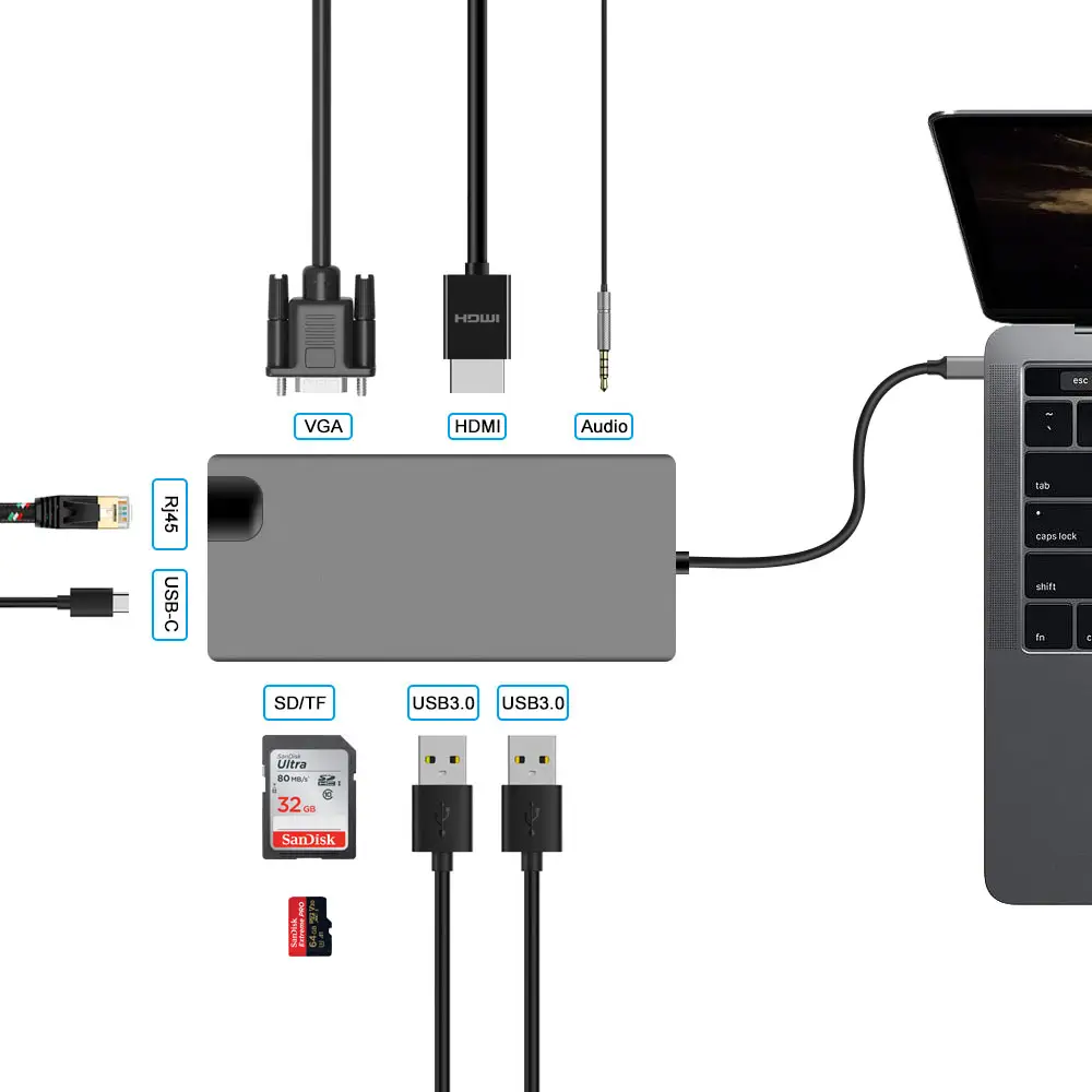 USB3.0 USB C концентратор 9 в 1 Зарядная Станция PD Тип c адаптер с HDTV4k RJ45 аудио разъем