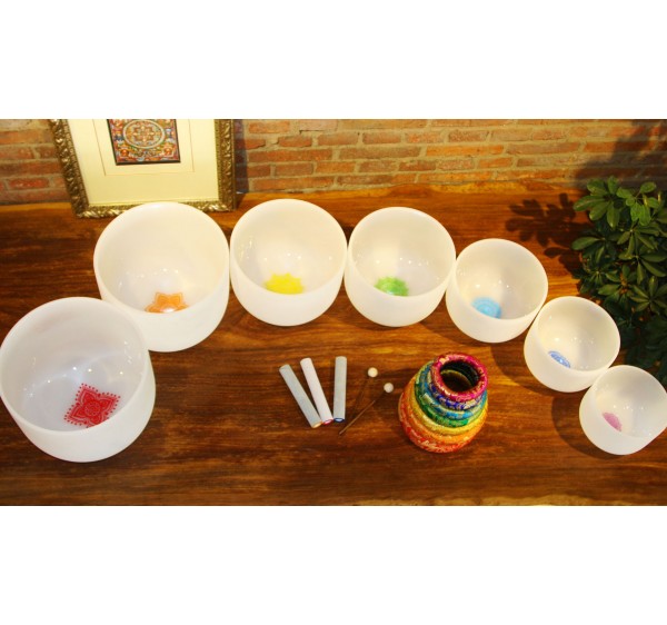 8'-14" chakras set 7pcs frosted crystal singing bowls C D E F G A B C Note  440HZ 432HZ  with  free suede mallet and o-ring