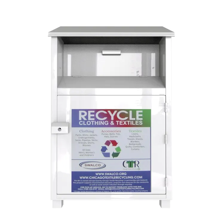 Used clothing donation bin and linens textiles recycling bank