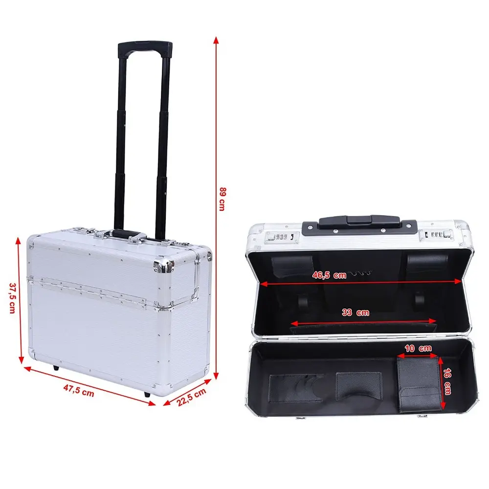 professional aluminum rolling briefcase with wheels pilot trolley case