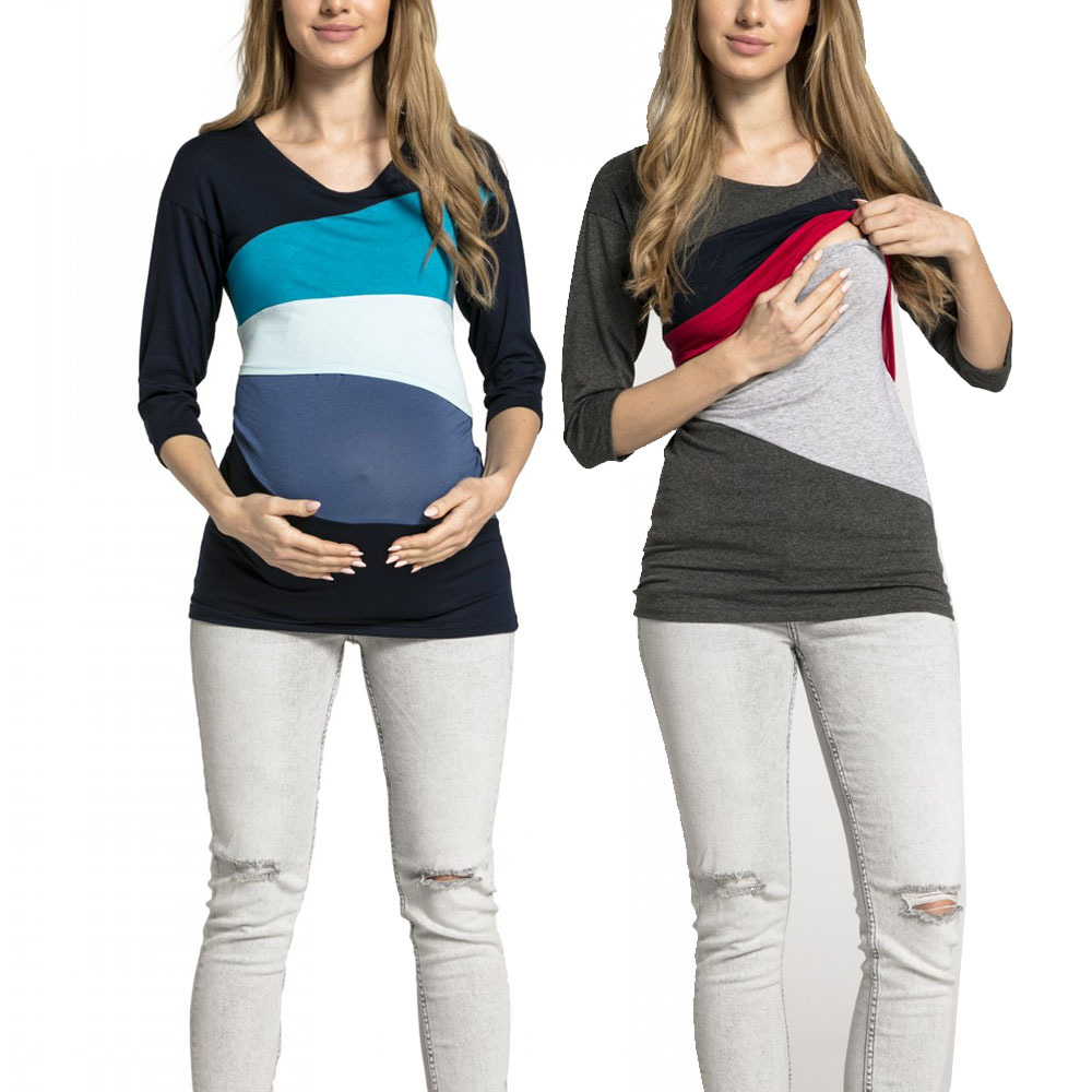 Maternity dress geometric color matching invisible breastfeeding suit seven sleeve t-shirt