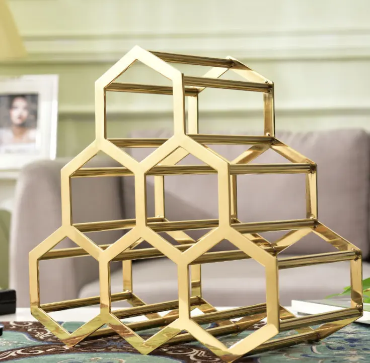 Gold home countertop hexagon wine stand bar bottle holder metal honeycomb display wine rack