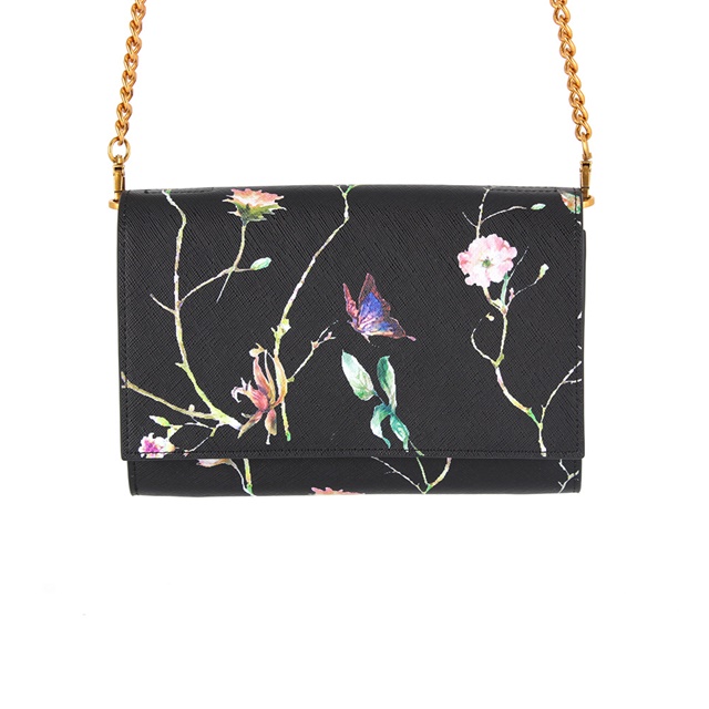 OEM stylish flower printed logo custom genuine leather chain clutch bag for lady
