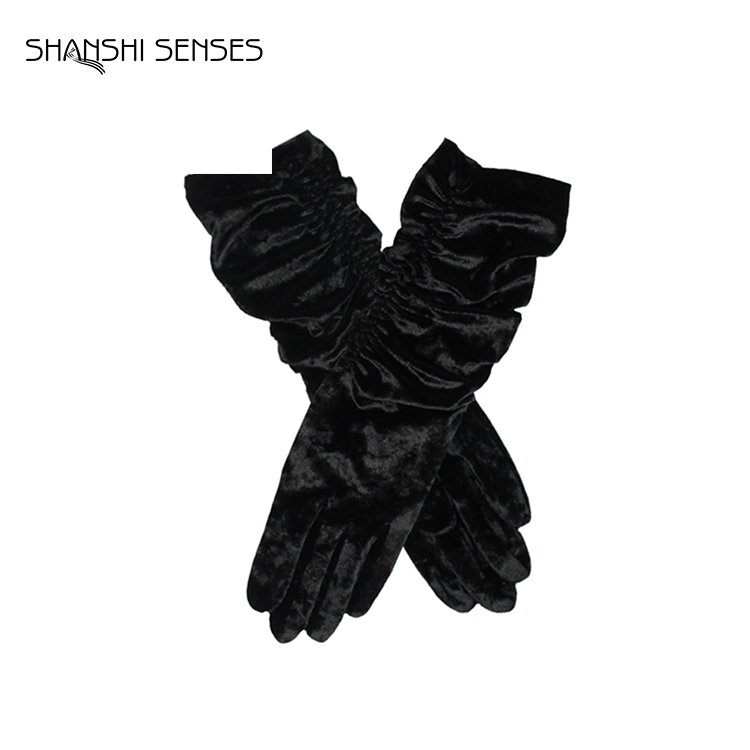 Long Black Ladies Crushed Velvet Stretch Glove
